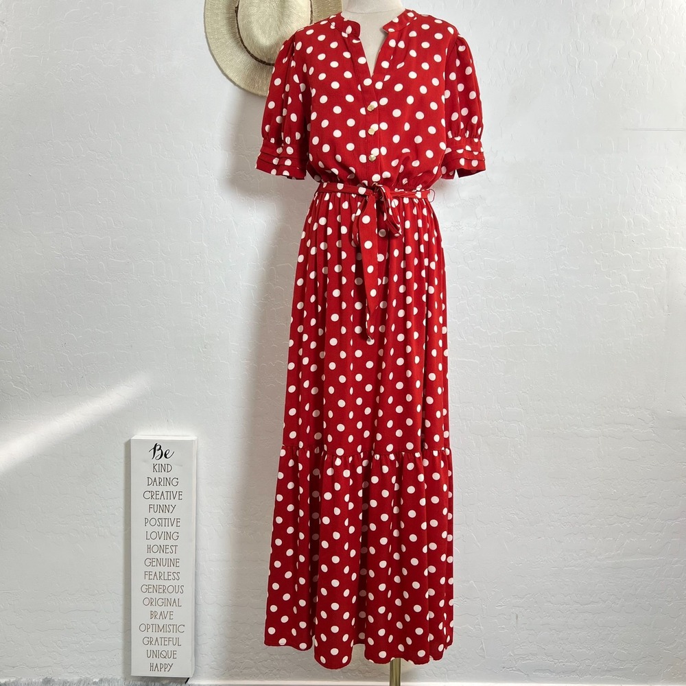 Vivid Aura VTG red polka dot dress size 10 belt tiered ruffle work office casual